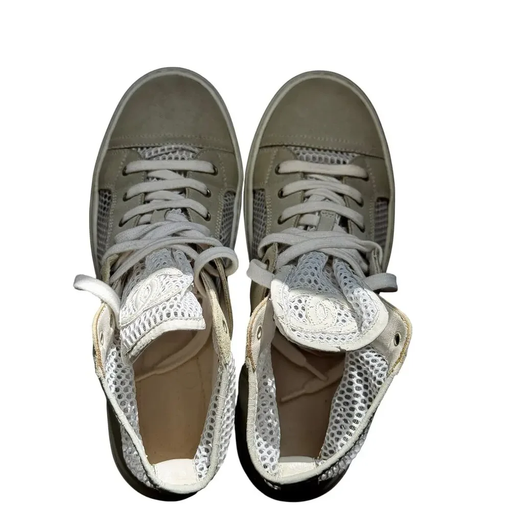 Chanel CC Logo White Mesh Suede High Top Sneakers Made in Italy